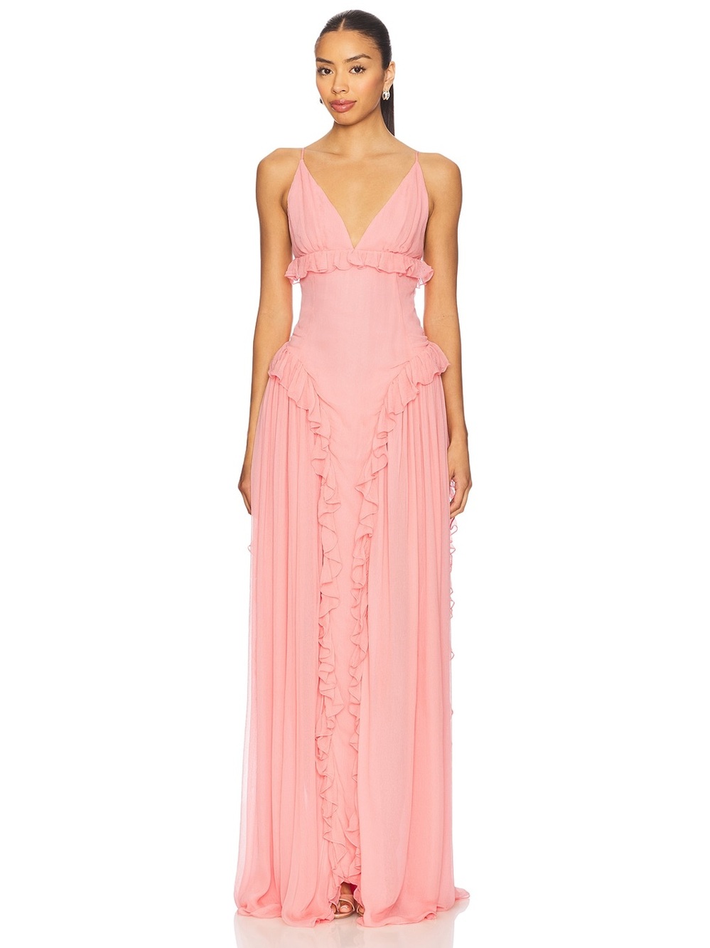 Sleeveless Pink Ruffle V-Neck Maxi Dress